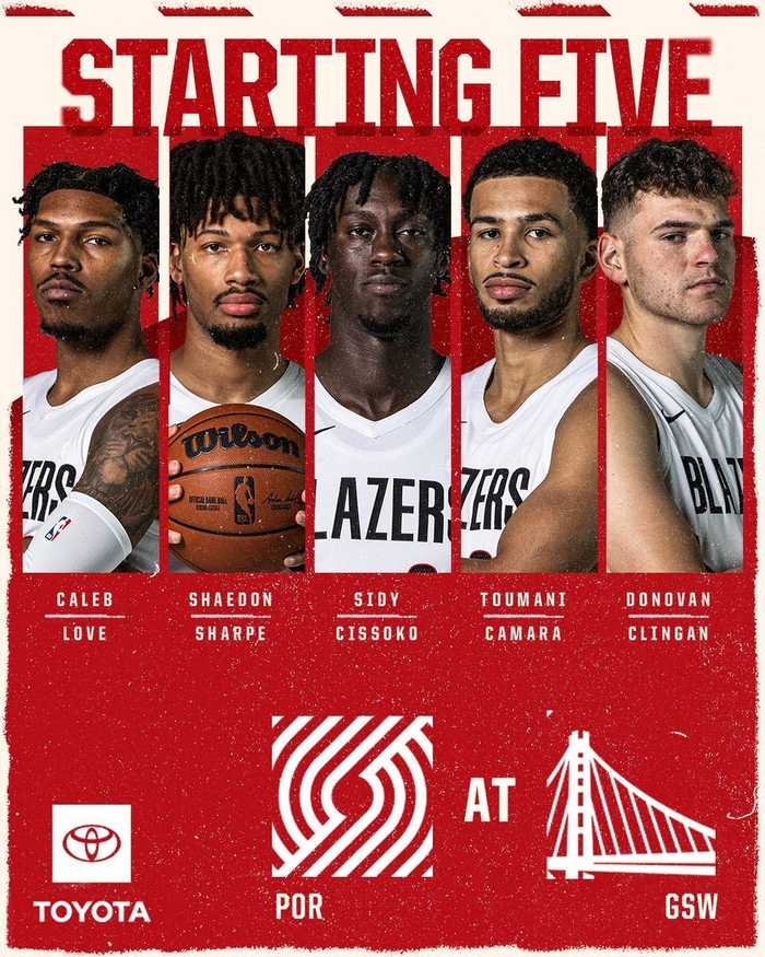 开拓者官方公布勇士主场首发五人名单